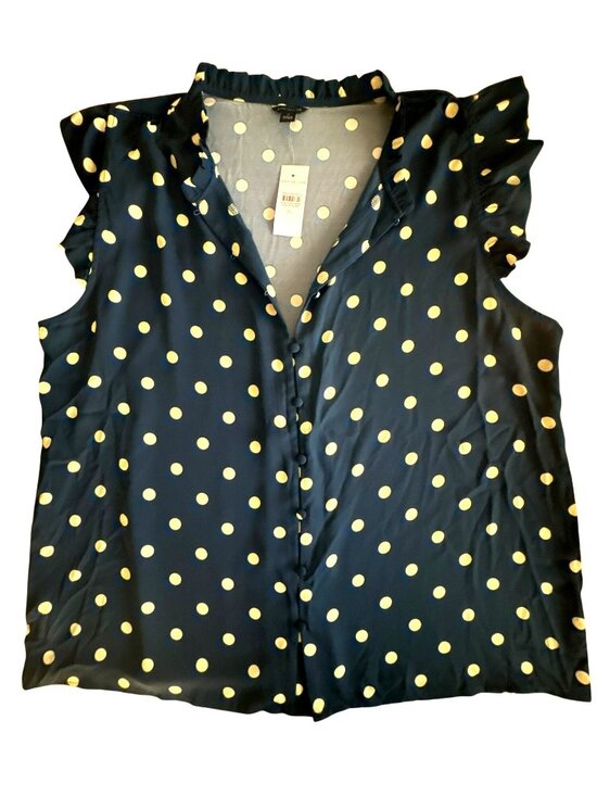 Ann Taylor Tops - Ann Taylor XL Navy Blue Cream Polka Dot Blouse NWT Ruffle Short Sleeve Office